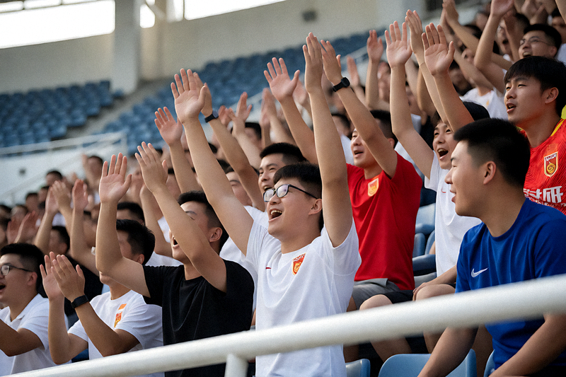 球迷在球场看台为球队加油助威的场面